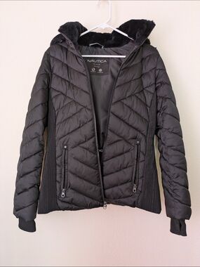 Nautica Women's Black Quilted Puffer Jacket with Hood